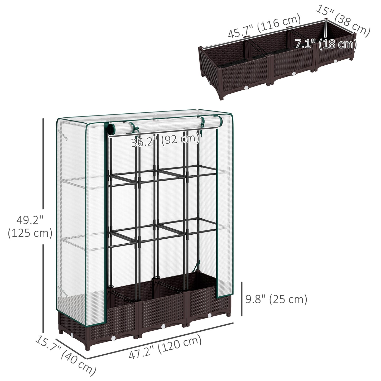 Raised Garden Bed Kit with Trellis, Plastic Raised Flower Bed with PE Cover and Zipper Door, 47 x 16 x 50 inch