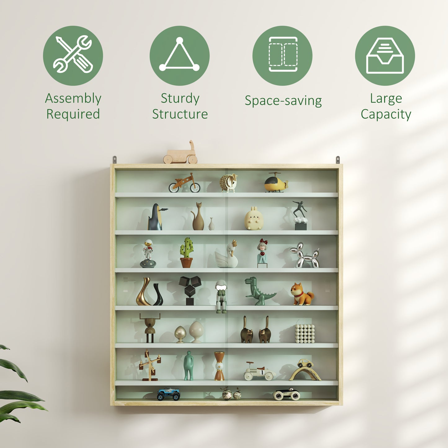 7-Tier Display Cabinet, Shot Glass Display Case, Glass Curio Cabinet with 2 Glass Doors, Oak and White