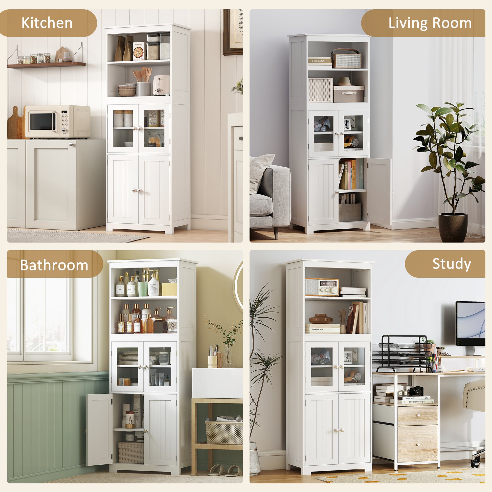 63" Small Buffet with Hutch, 4-Door Kitchen Pantry, Freestanding Storage Cabinet with Adjustable Shelf for Dining Room, 