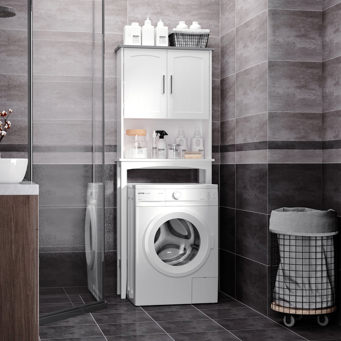 Modern Over The Toilet Storage Cabinet, Double Door Over Toilet Bathroom Organizer with Adjustable Shelf and Open Shelf,