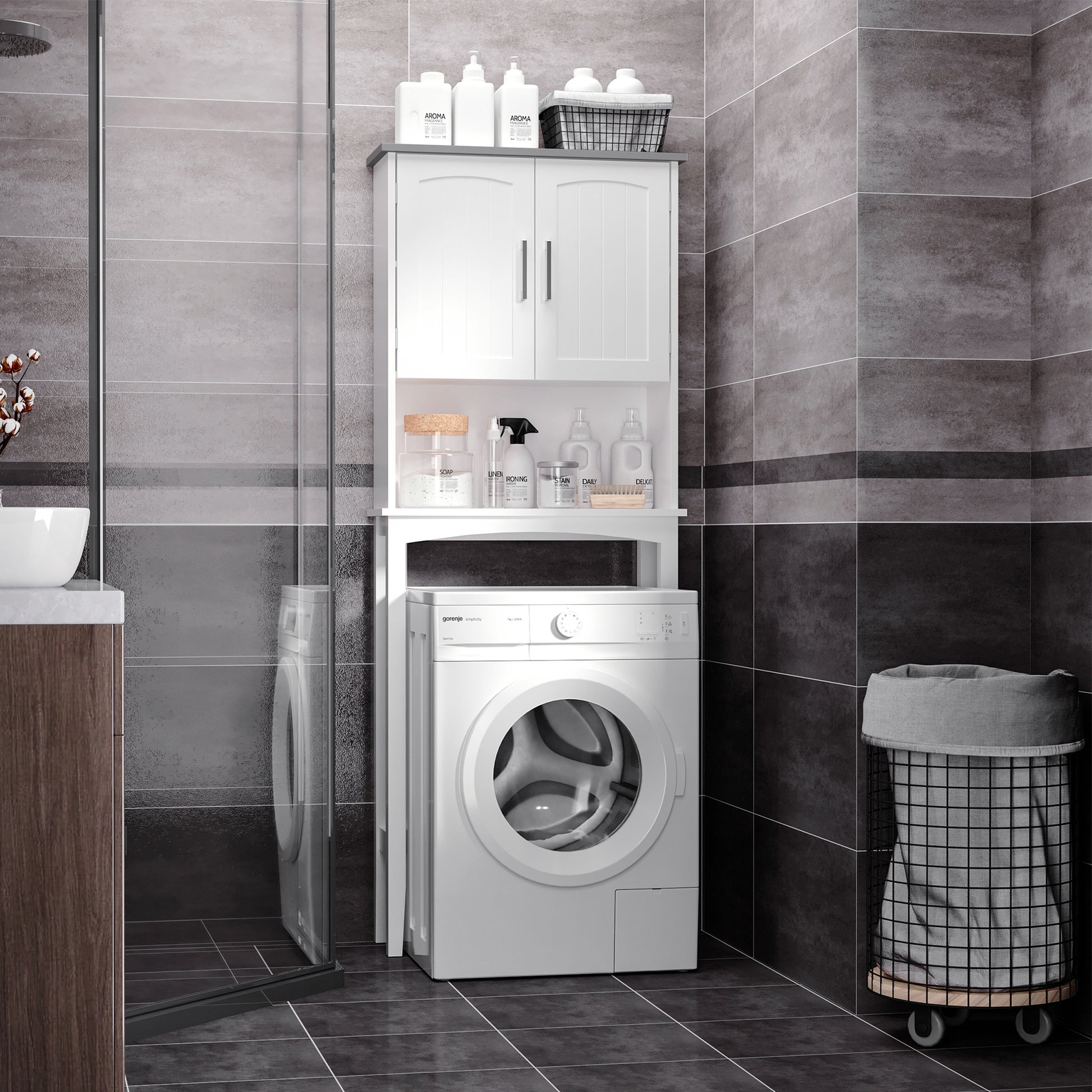 Modern Over The Toilet Storage Cabinet, Double Door Over Toilet Bathroom Organizer with Adjustable Shelf and Open Shelf,