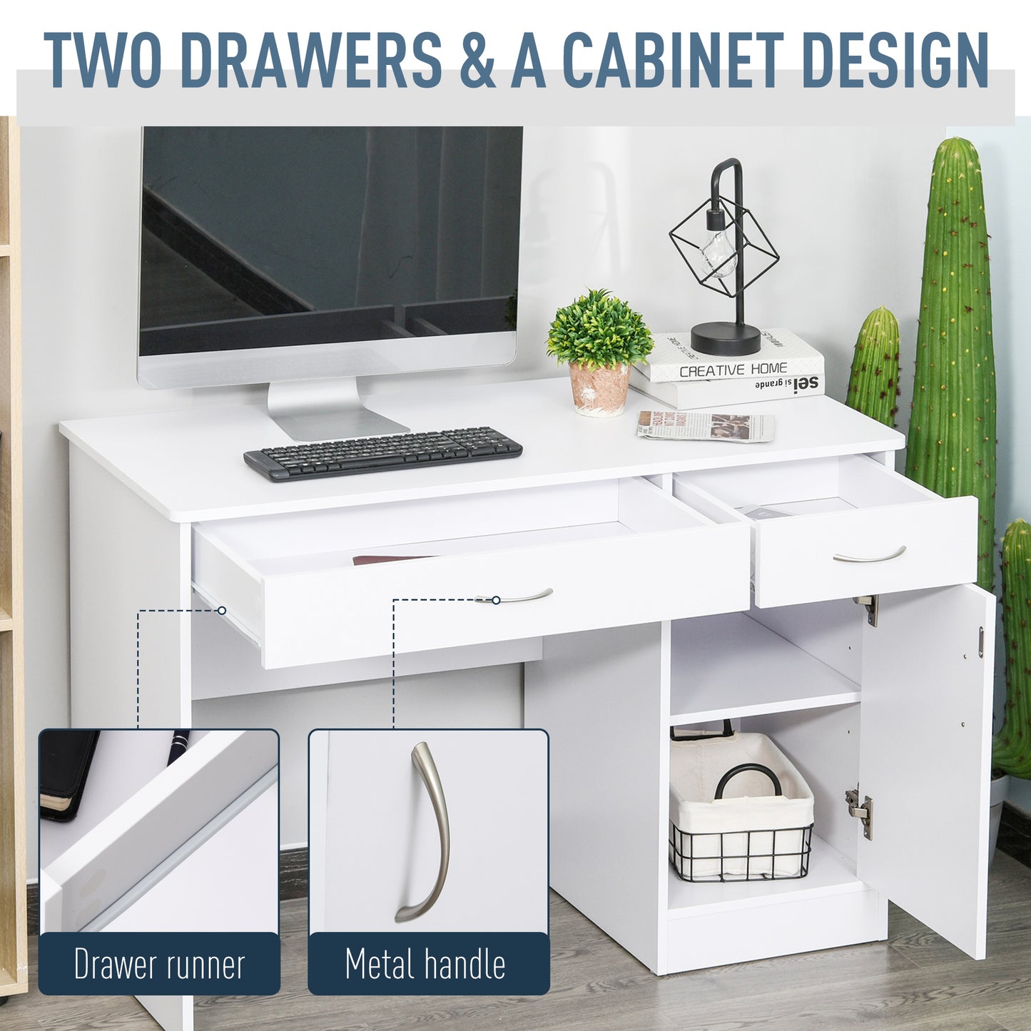 Computer Desk with Storage Drawers, Study Writing Table with Cabinet Adjustable Shelf for Home Office Workstation Bedroo