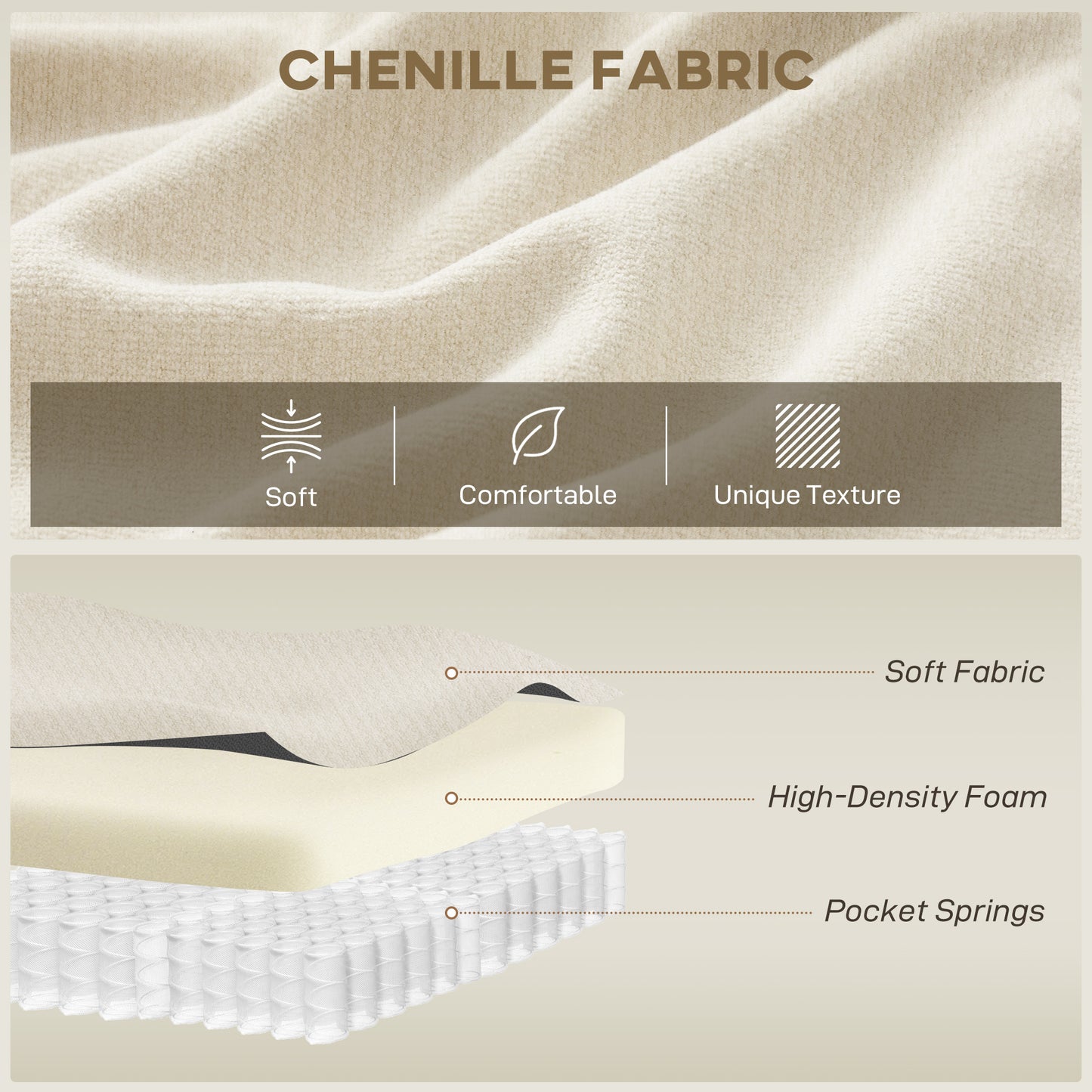 3 Seater Sofa, 102" Chenille Boneless Couch with Wide Seat, Spring Cushions, High-Density Foam, 3 Pillows, Cream White