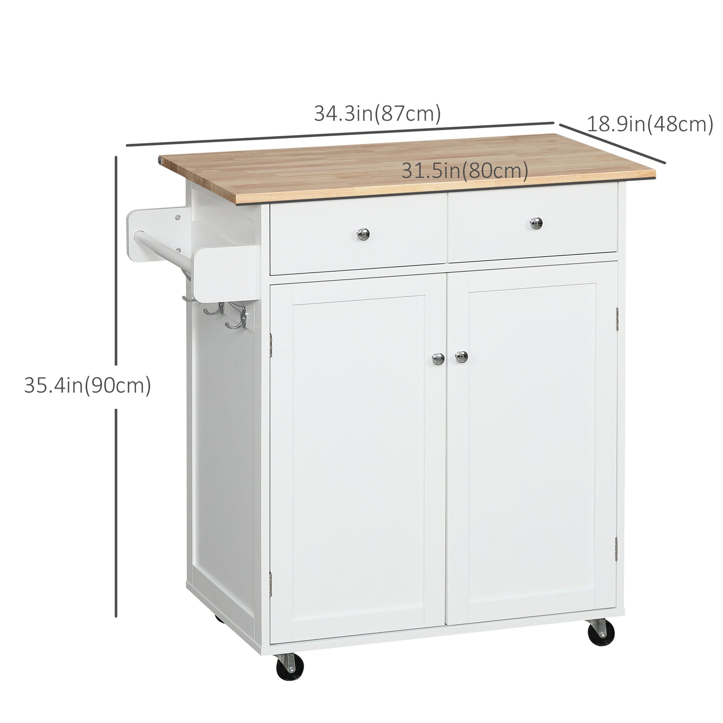 Rolling Kitchen Island with Storage, Kitchen Cart with Rubber Wood Top, Adjustable Shelf, Towel Rack, Hooks and Storage 