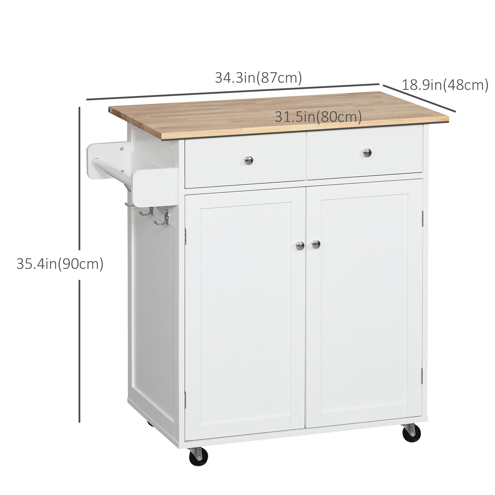 Rolling Kitchen Island with Storage, Kitchen Cart with Rubber Wood Top, Adjustable Shelf, Towel Rack, Hooks and Storage 