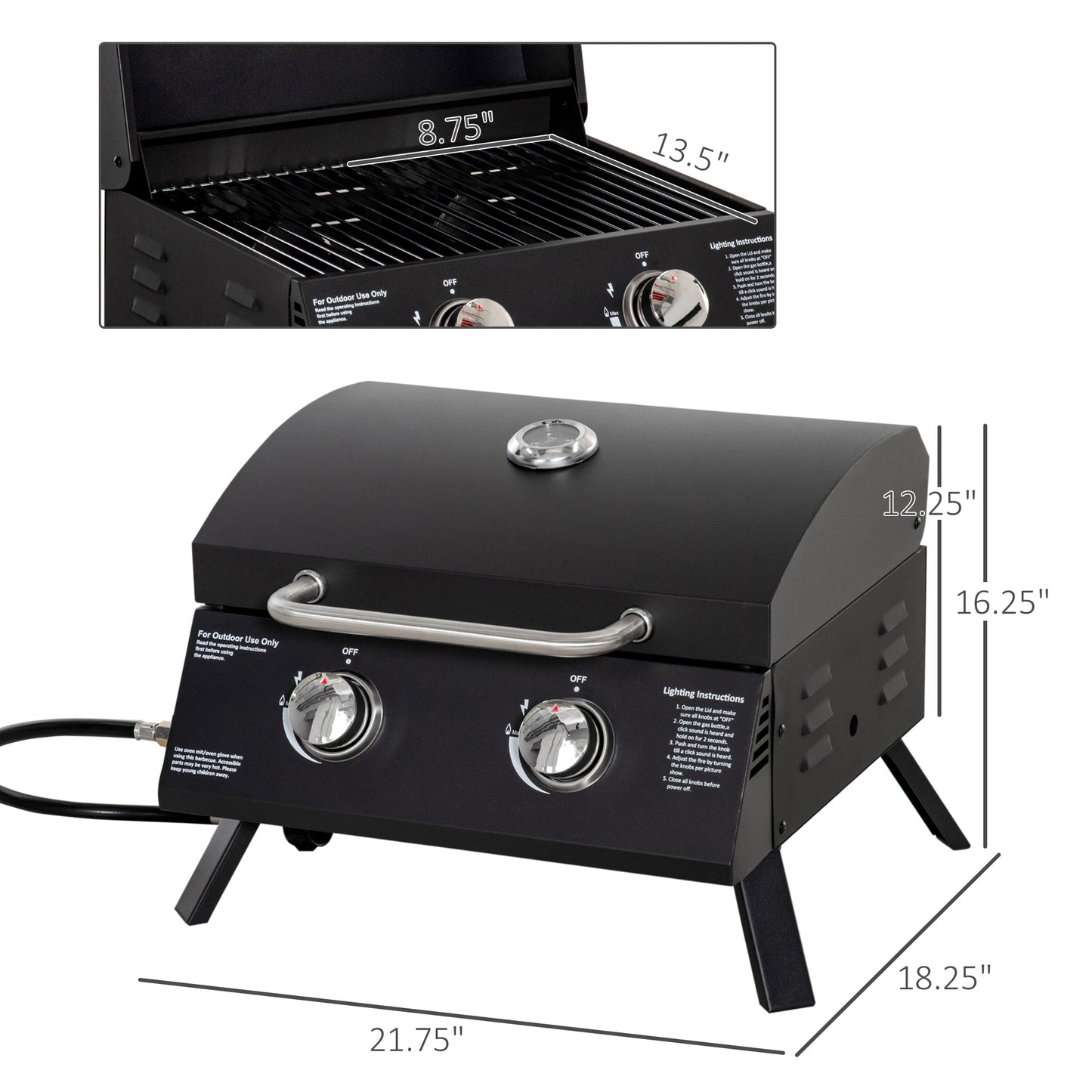 2 Burner Propane Gas Grill, Outdoor Portable Tabletop BBQ with Foldable Legs, 10000 Each Burner, Lid, for Camping, Picni