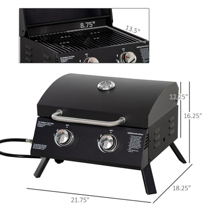 2 Burner Propane Gas Grill, Outdoor Portable Tabletop BBQ with Foldable Legs, 10000 Each Burner, Lid, for Camping, Picni