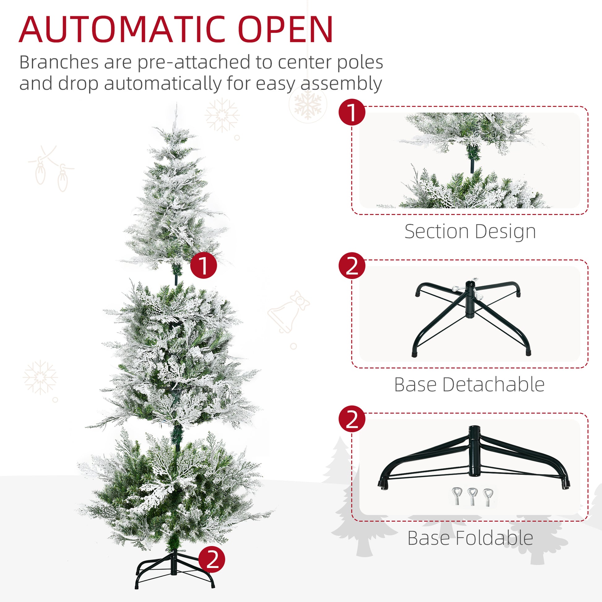6 Feet Pencil Snow Flocked Artificial Christmas Tree with 517 Realistic Cypress Branches, Auto Open, Green