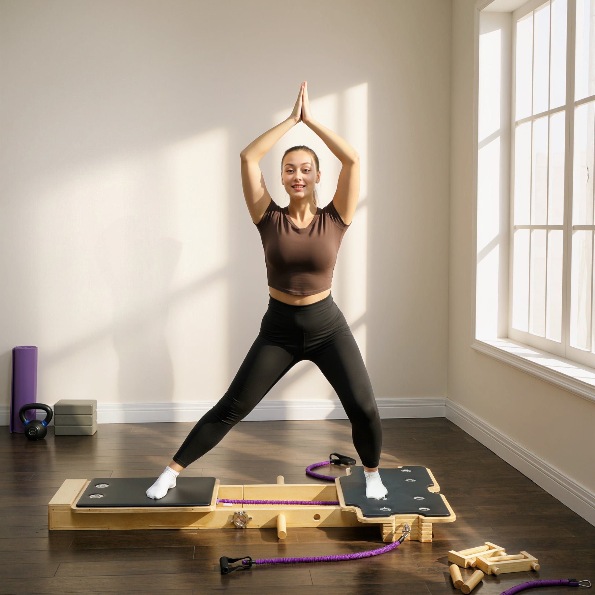 Soozier Foldable Pilates Reformer Machine, Multifunctional Pilates Board with Resistance Bands and Multi-Grips for Home 