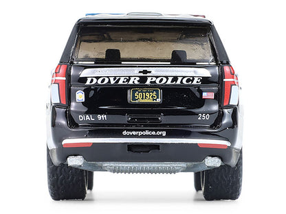 2024 Chevrolet Tahoe Police Pursuit Vehicle "Dover Police – 100th Anniversary Edition" Black with White Stripes "Hobby Exclusive" Series 1/64 Diecast Model Car by Greenlight