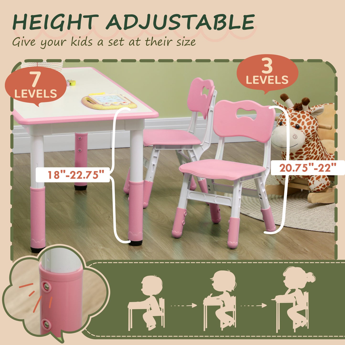 Qaba Kids Table and Chair Set with 4 Chairs, Adjustable Height, Easy to Clean, for 1.5 - 8 Years Old, Pink