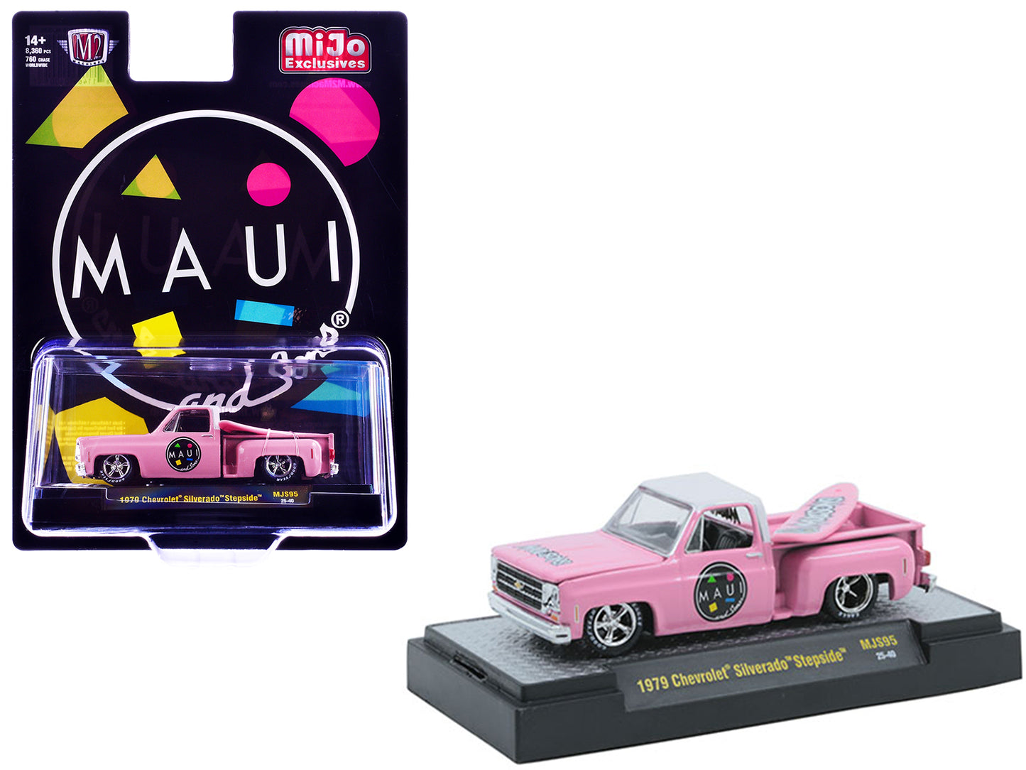 1979 Chevrolet Silverado Stepside Pickup Truck "Maui & Sons" Pink with White Top and Surfboard Limited Edition to 8360 pieces Worldwide 1/64 Diecast Model Car by M2 Machines