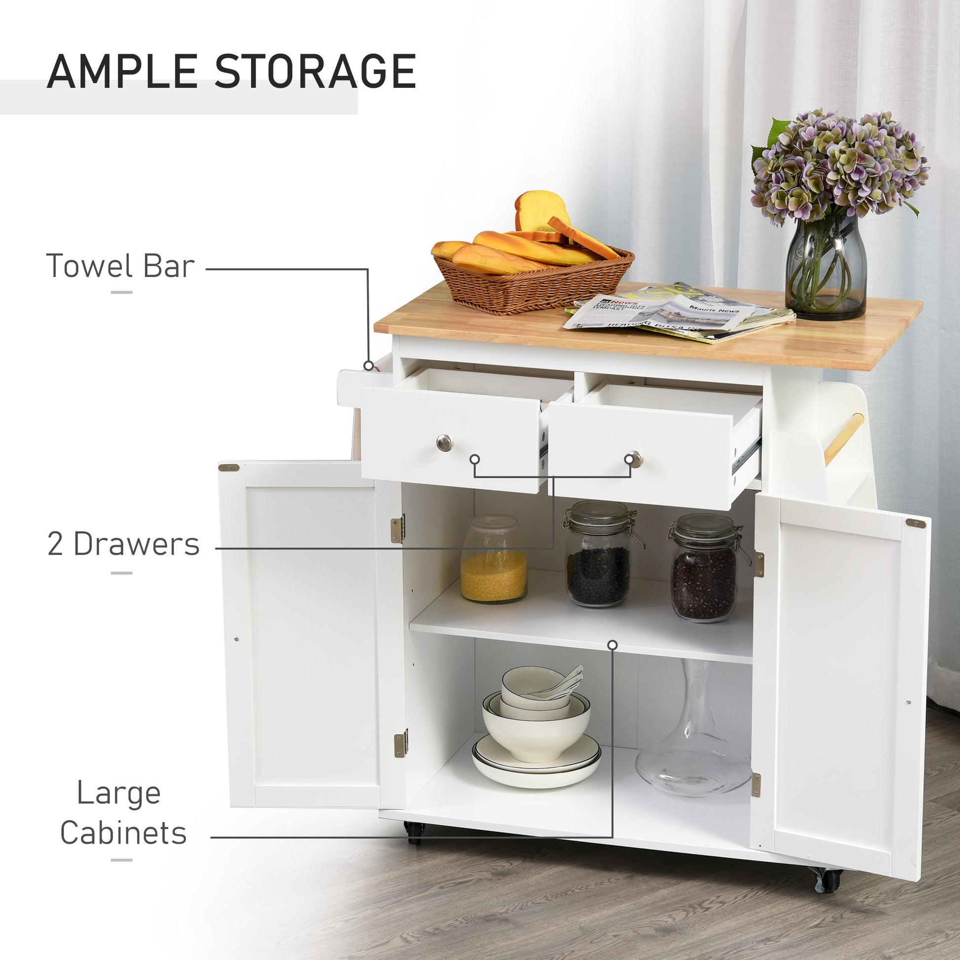 Rolling Kitchen Island Trolley Storage Cart with Rubber Wood Top, 3-Tier Spice Rack, Towel Rack Home Kitchen Carts, Whit