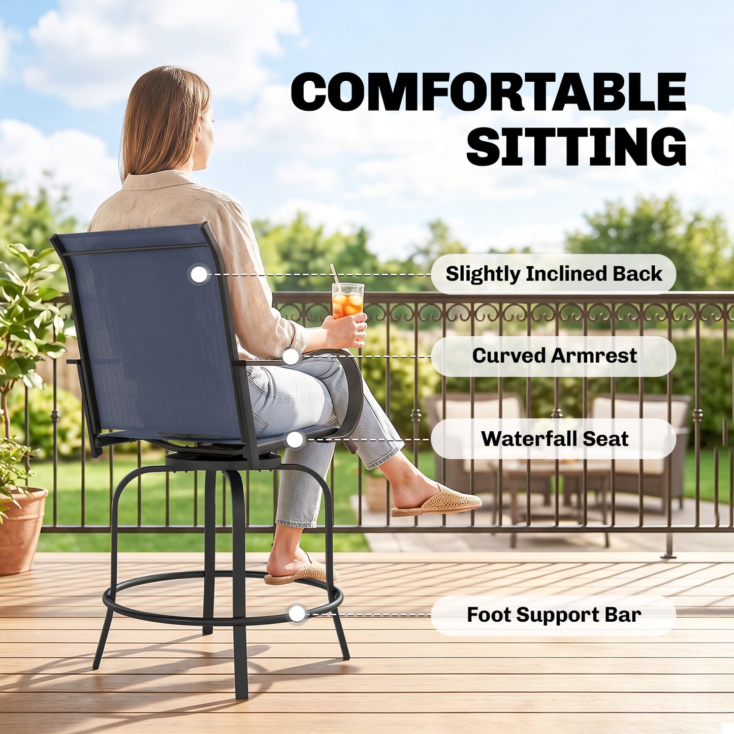Outdoor Bar Stools Set of 2, 360° Swivel Bar Height Chairs, 26.8" x 29.5" x 48.4", Navy Blue