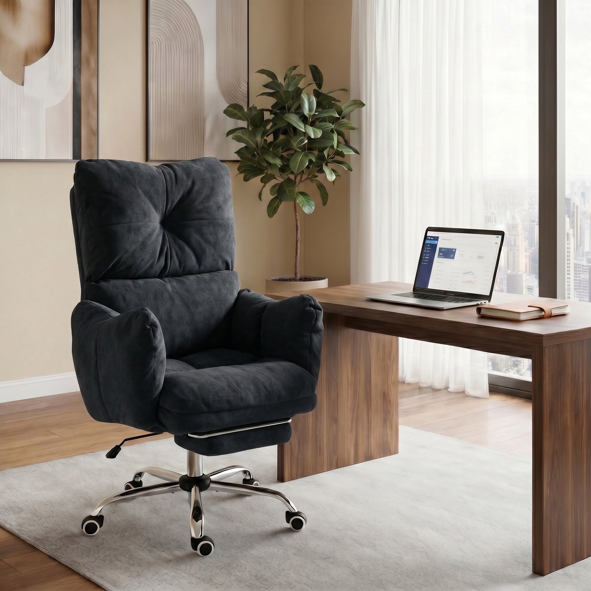 Office Chair with Foot Rest, Ergonomic Reclining Computer Gaming Chair w/ Snow Flannel Fabric, Thick Cushion, Black