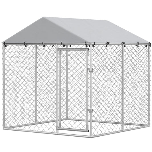 6.6' x 6.6' x 6.6' Outdoor Dog Kennel Heavy Duty Galvanized Steel with UV-resistant Roof, Silver