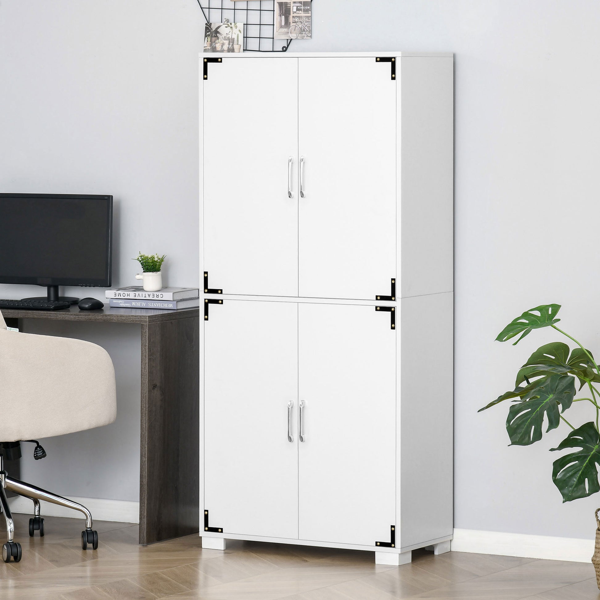 Farmhouse Kitchen Pantry Storage Cabinet with 4 Doors, Kitchen Cabinet with Shelves, White