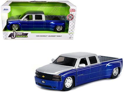 1999 Chevrolet Silverado Dually Pickup Truck Blue Metallic and Silver with Stock Wheels "Just Trucks" Series 1/24 Diecast Model Car by Jada