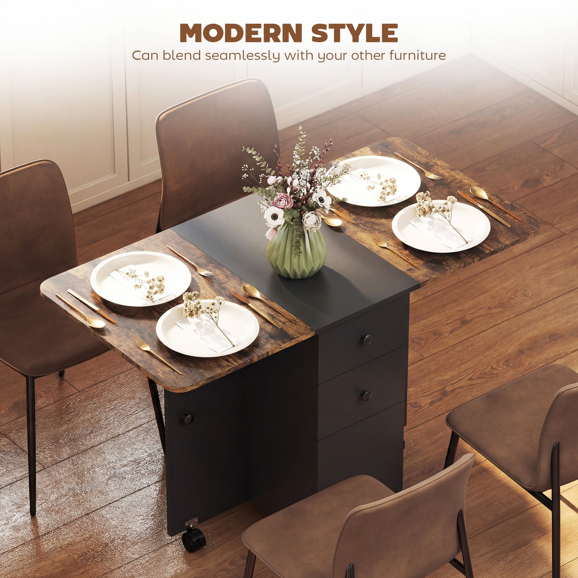 Drop Leaf Dining Table, Mobile Folding Table on Wheels with Drawers and Cabinet for Dining Room, Rustic Brown and Black