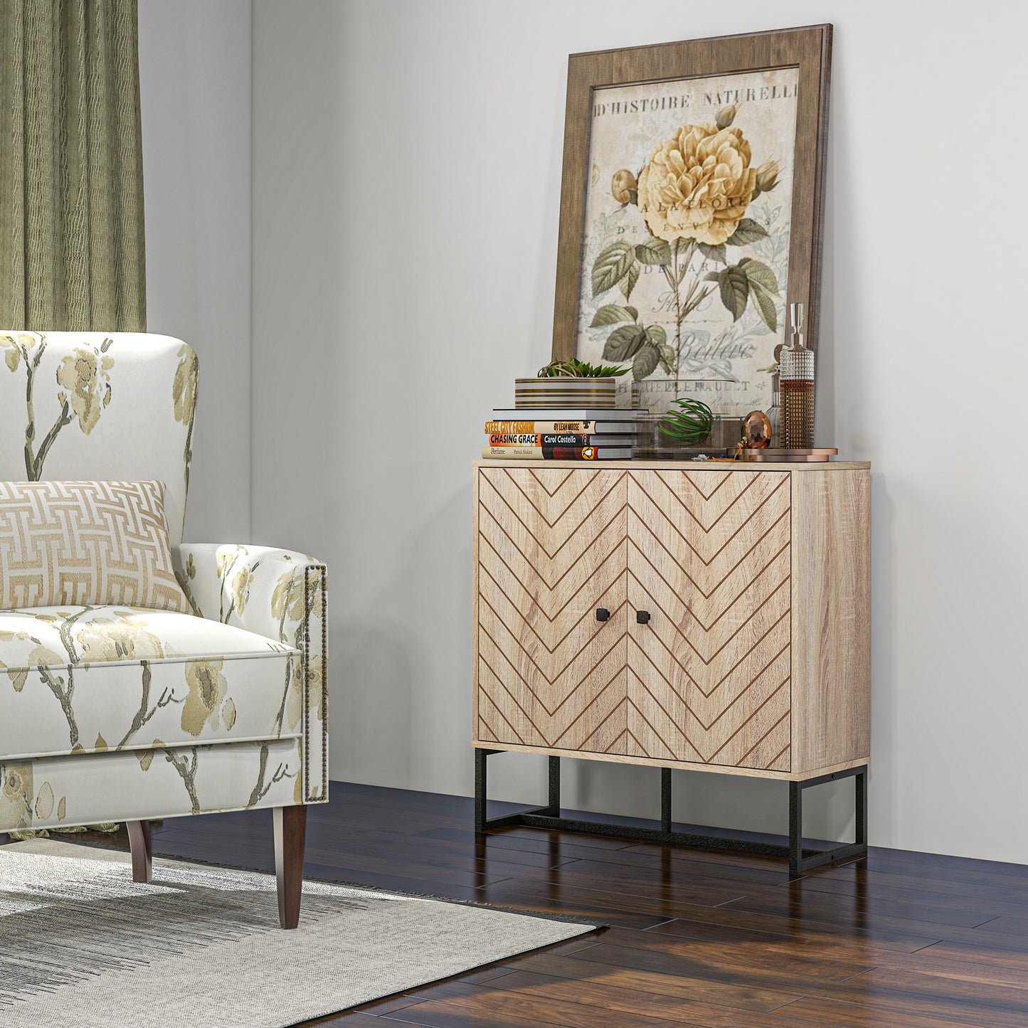 Modern Sideboard, Buffet Cabinet with 2 Chevron Doors and Adjustable Shelf, Kitchen Storage Cabinet with Steel Base, Cof