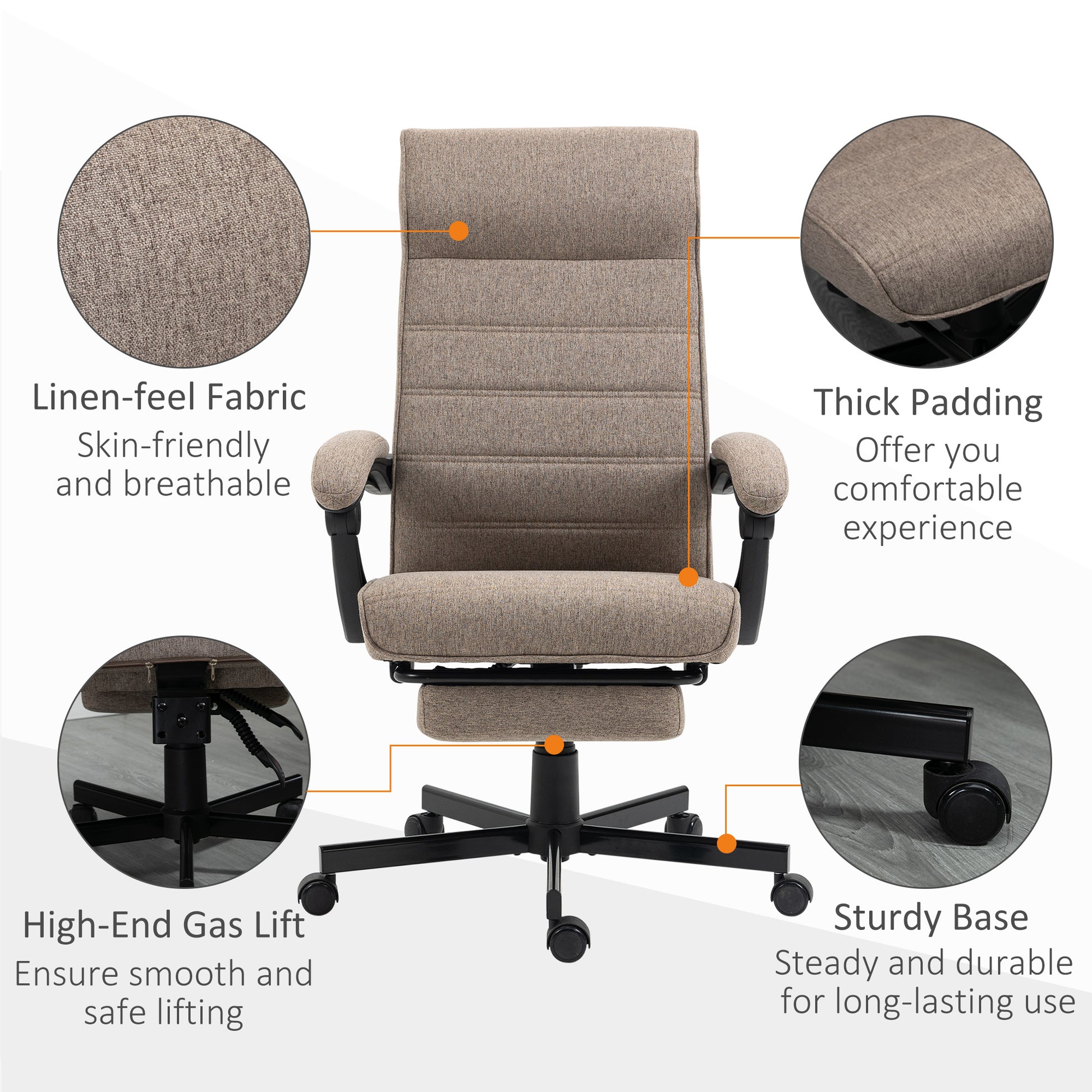 Office Chair, Linen High Back Computer Desk Chair, Swivel Recliner with Adjustable Height, Footrest and Padded Armrest, 
