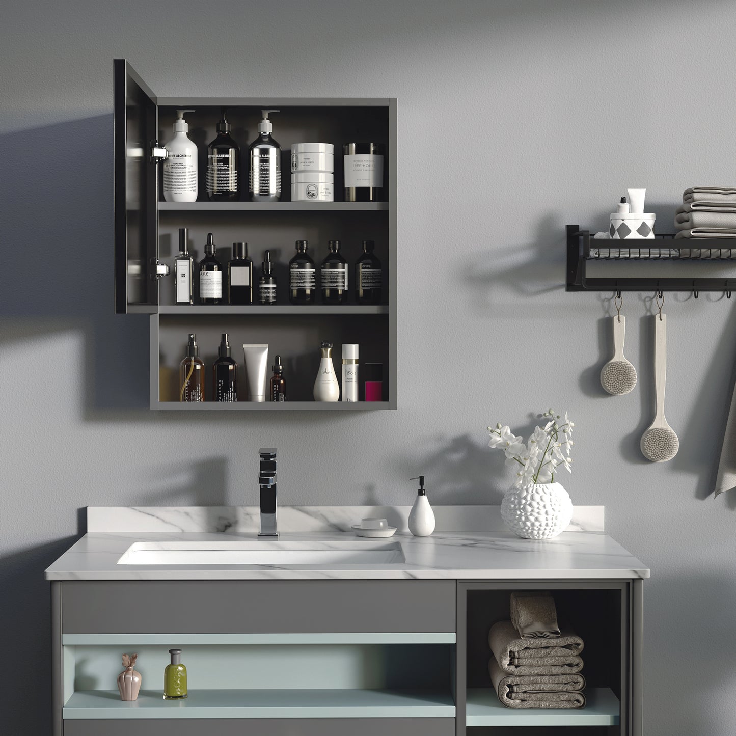 Bathroom Medicine Cabinet, Wall-Mounted Mirror Cabinet with Single Door, Storage Shelves and Stainless Steel Frame for L