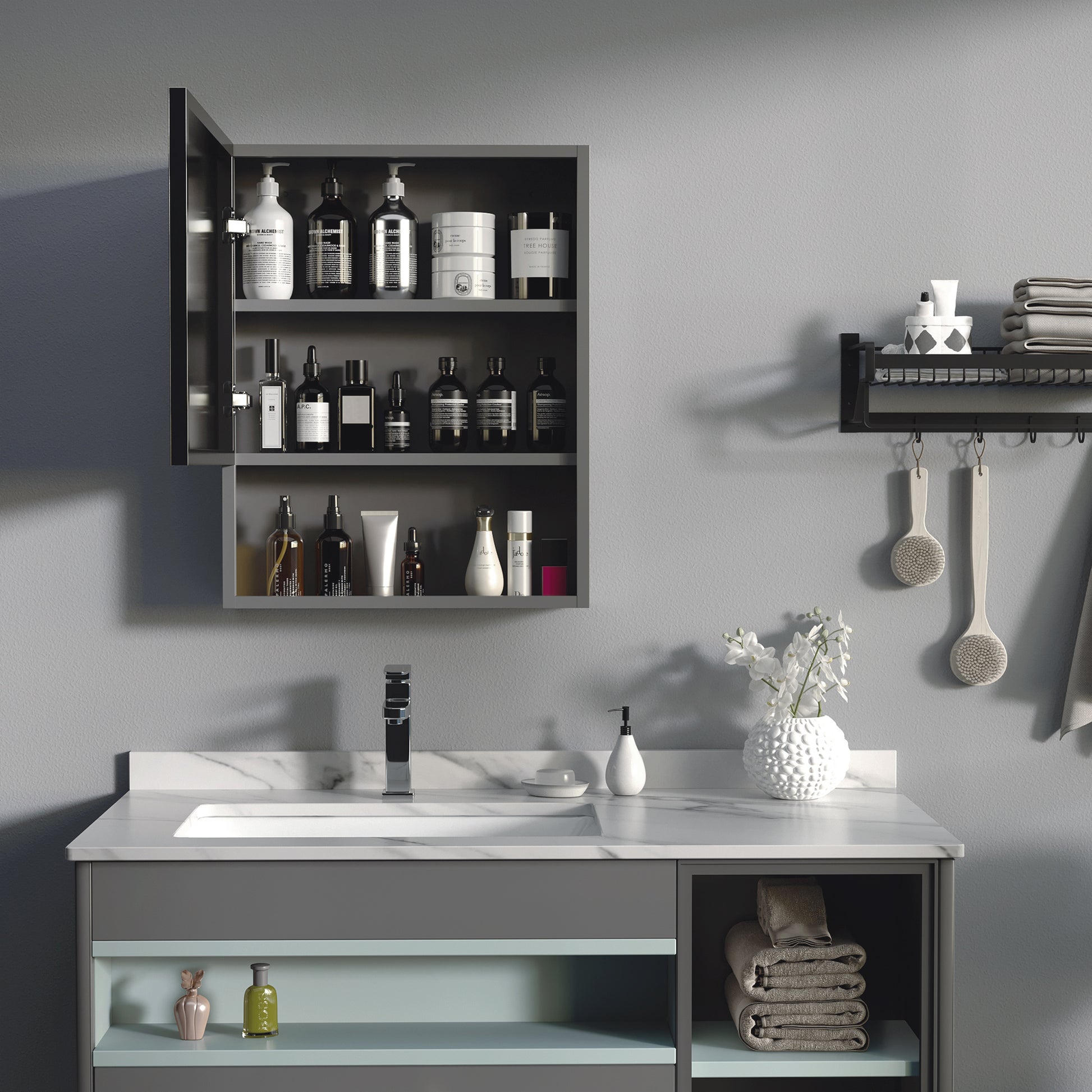 Bathroom Medicine Cabinet, Wall-Mounted Mirror Cabinet with Single Door, Storage Shelves and Stainless Steel Frame for L