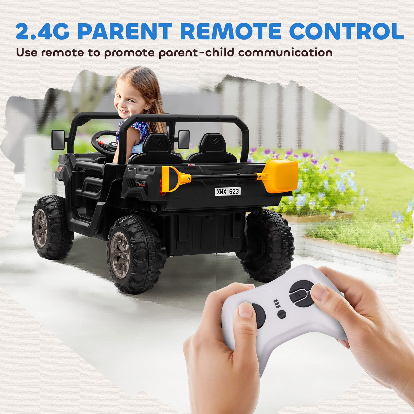 VarietyKart 12V Ride on Car with Electric Bucket, Two-Seater, Shovel, Remote Control, Spring Suspension, Horn, Music, Bl