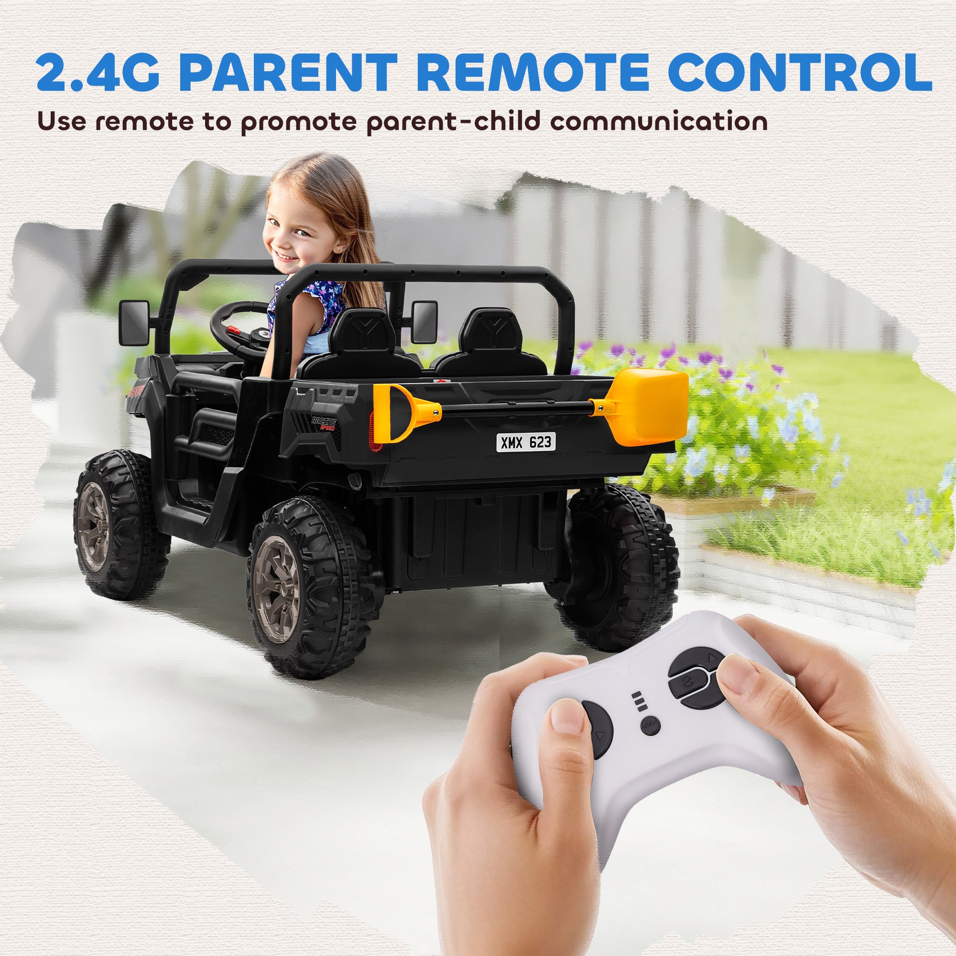 VarietyKart 12V Ride on Car with Electric Bucket, Two-Seater, Shovel, Remote Control, Spring Suspension, Horn, Music, Bl