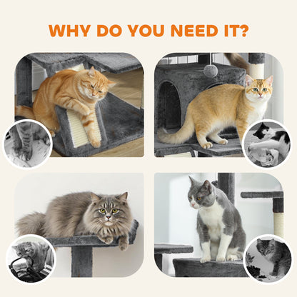 63" Cat Tree, Multi-Level Cat Tower with Scratching Posts, Cat Condos, Bed, Platforms, Ramp, Toy Ball, Dark Grey