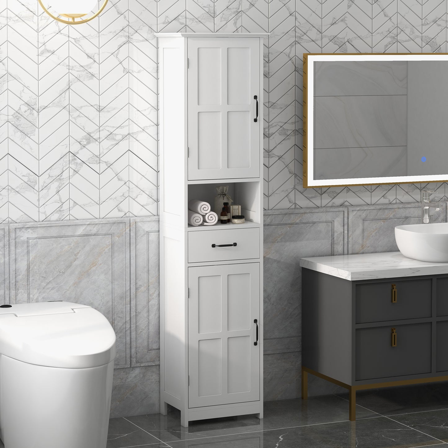 Modern Bathroom Cabinet, Narrow Bathroom Vanities with Open Shelf Drawer Recessed Doors and Adjustable Shelves White