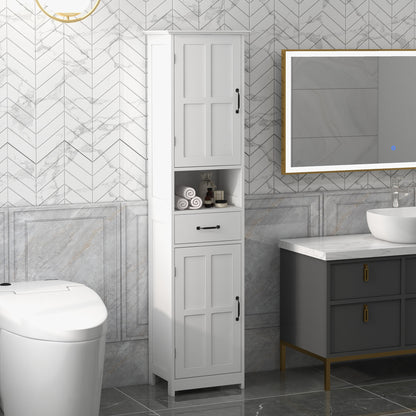 Modern Bathroom Cabinet, Narrow Bathroom Vanities with Open Shelf Drawer Recessed Doors and Adjustable Shelves White