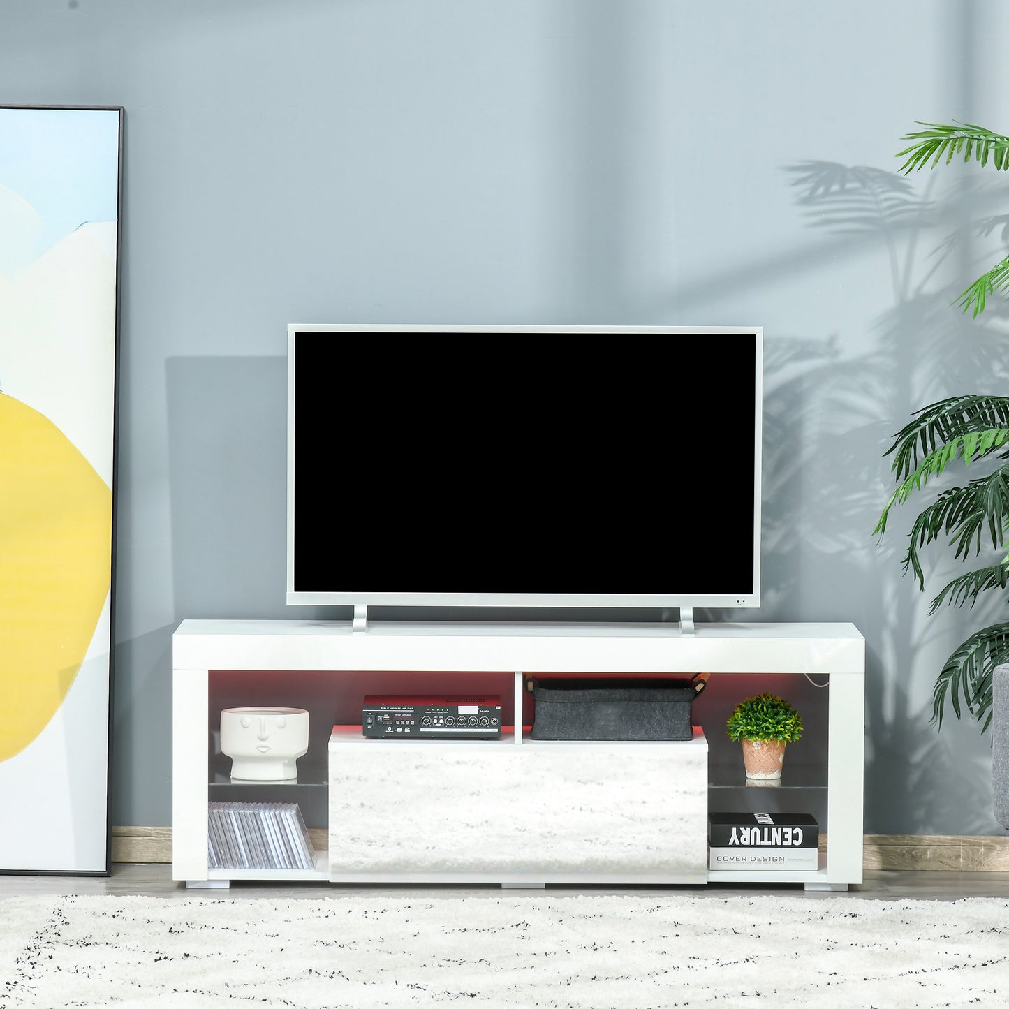 TV Stand for 55-Inch TVs, High Gloss TV Bench with LED Lights, Remote Control, Storage Drawer and Shelves, Entertainment