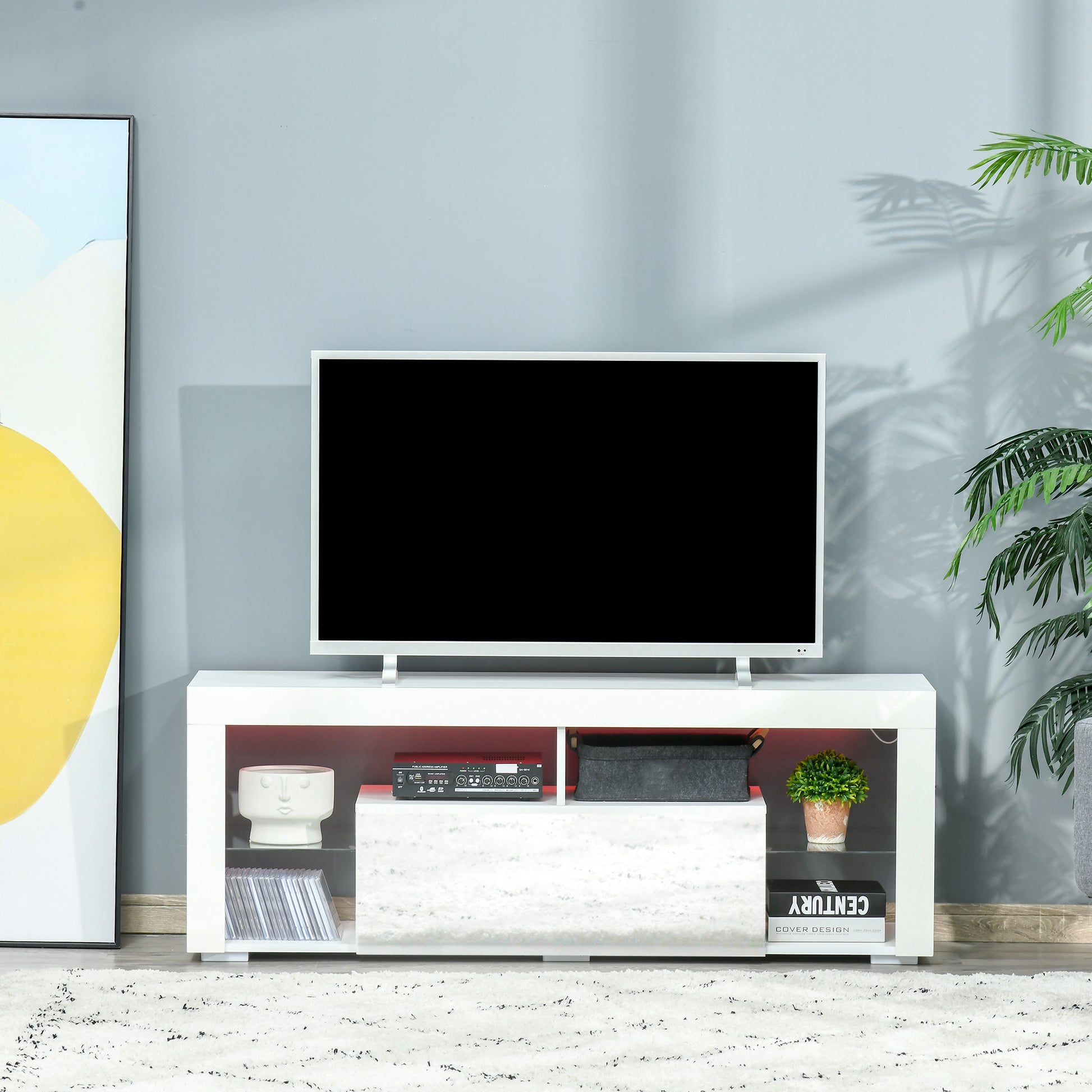TV Stand for 55-Inch TVs, High Gloss TV Bench with LED Lights, Remote Control, Storage Drawer and Shelves, Entertainment