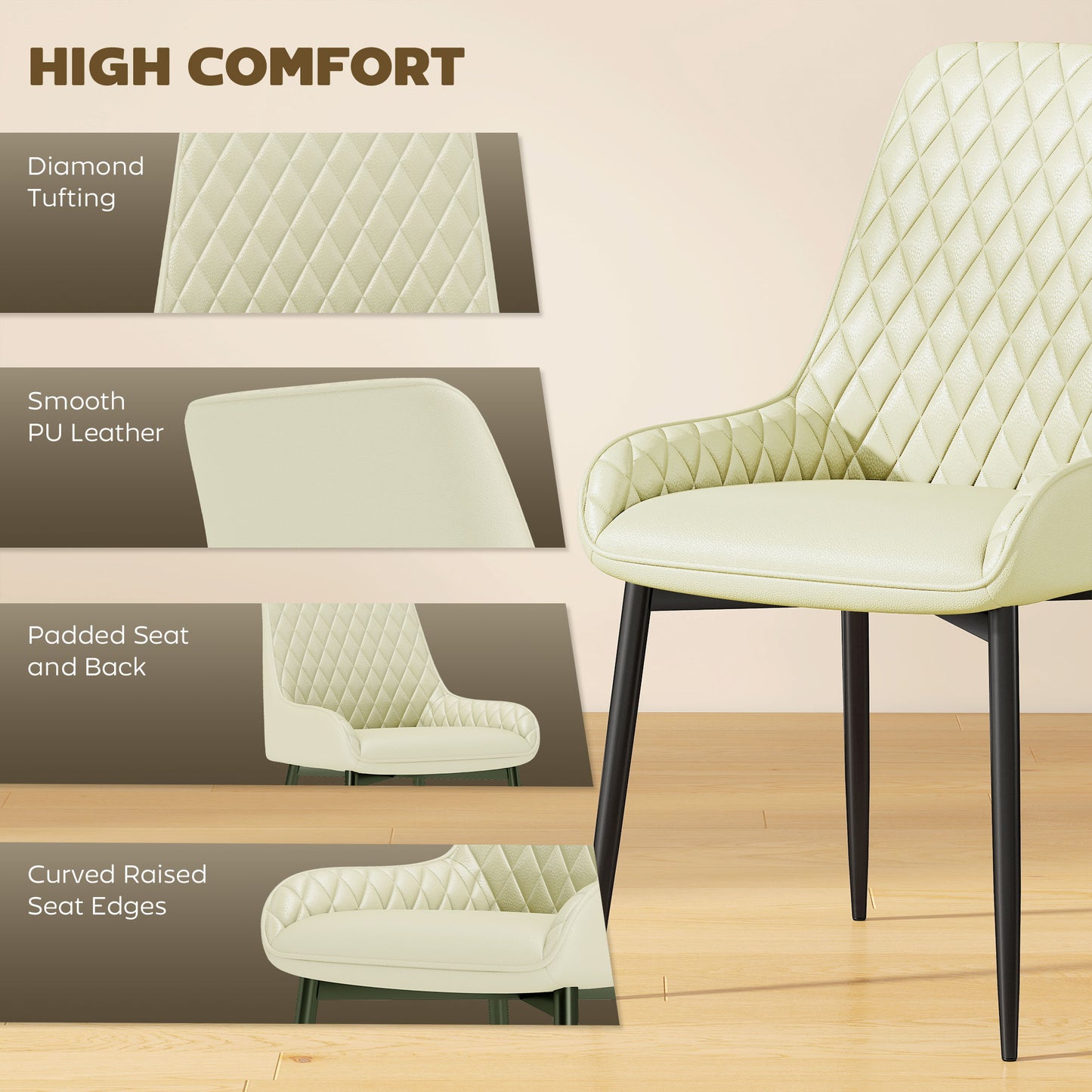 Set of 4 Upholstered Kitchen Chairs, Modern Dining Chairs with Diamond Tufting and Steel Legs for Dining Room, Cream Whi