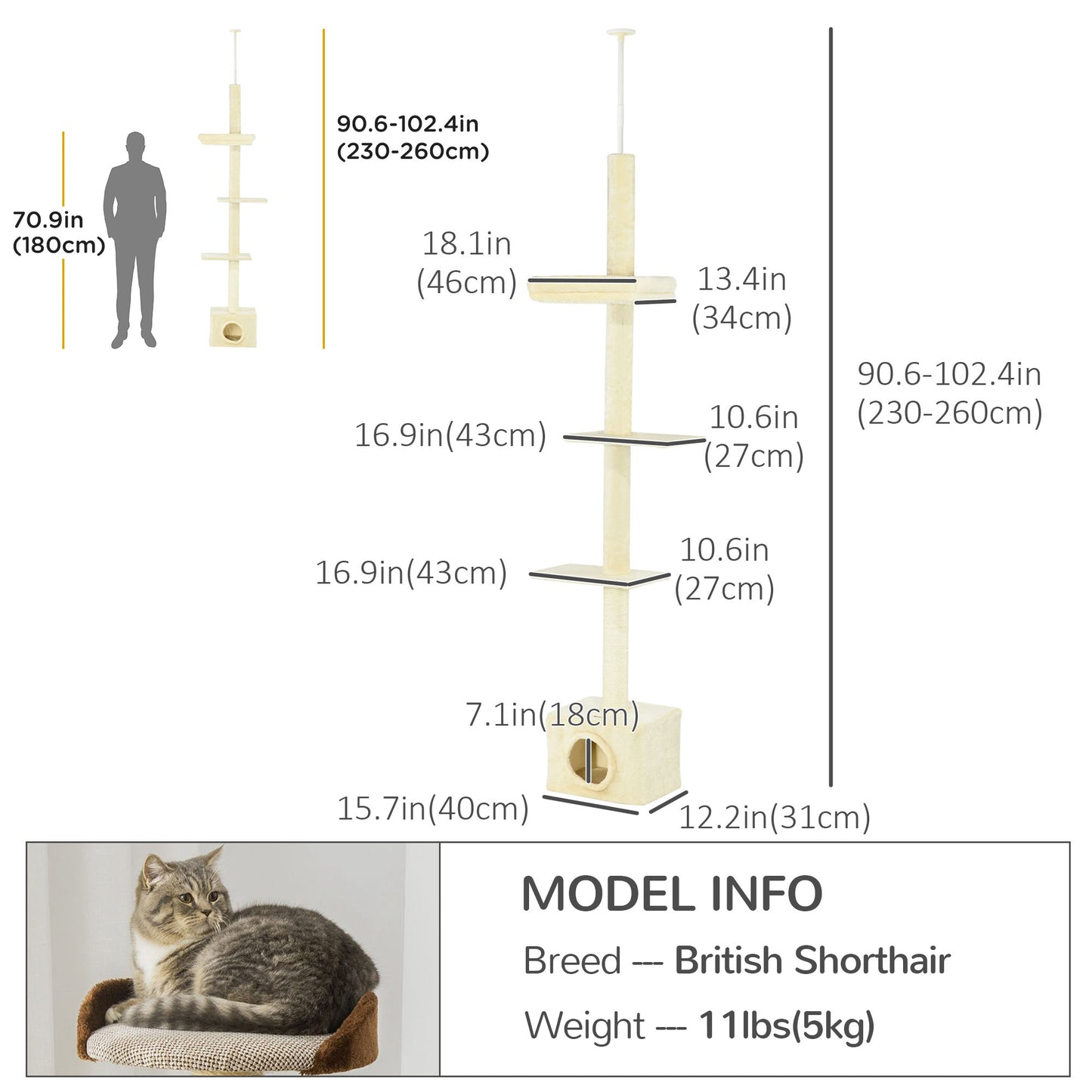 Floor to Ceiling Cat Tree with Scratching Post for Indoor Cats, Adjustable Height Cat Tower (91-102 Inches) with House, 
