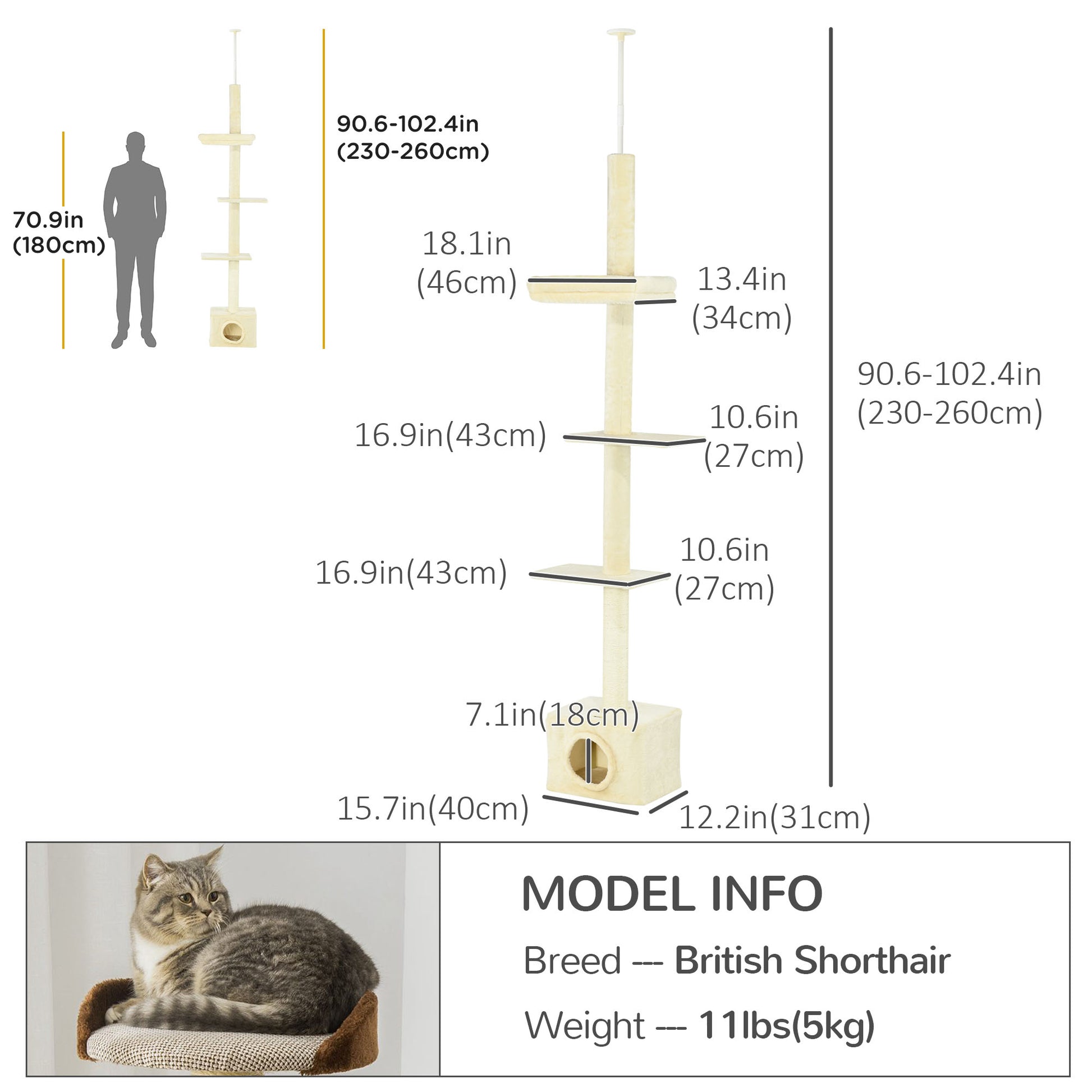 Floor to Ceiling Cat Tree with Scratching Post for Indoor Cats, Adjustable Height Cat Tower (91-102 Inches) with House, 