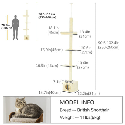 Floor to Ceiling Cat Tree with Scratching Post for Indoor Cats, Adjustable Height Cat Tower (91-102 Inches) with House, 