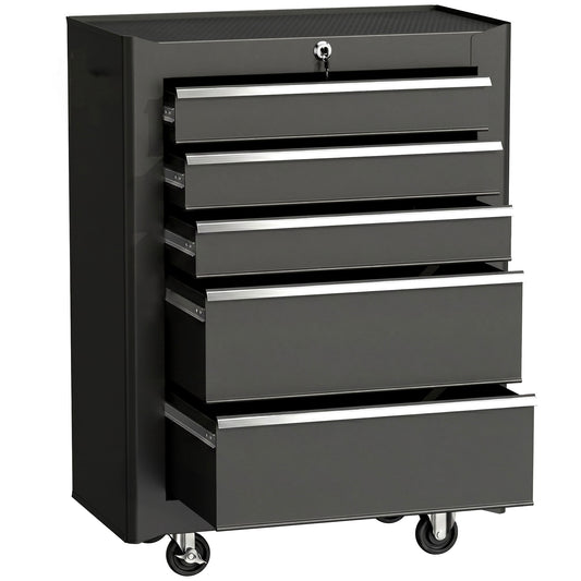 5-Drawer Rolling Tool Cabinet on Wheels, Lockable Tool Chest, Tool Organizer for Garage, Factory and Workshop, Black