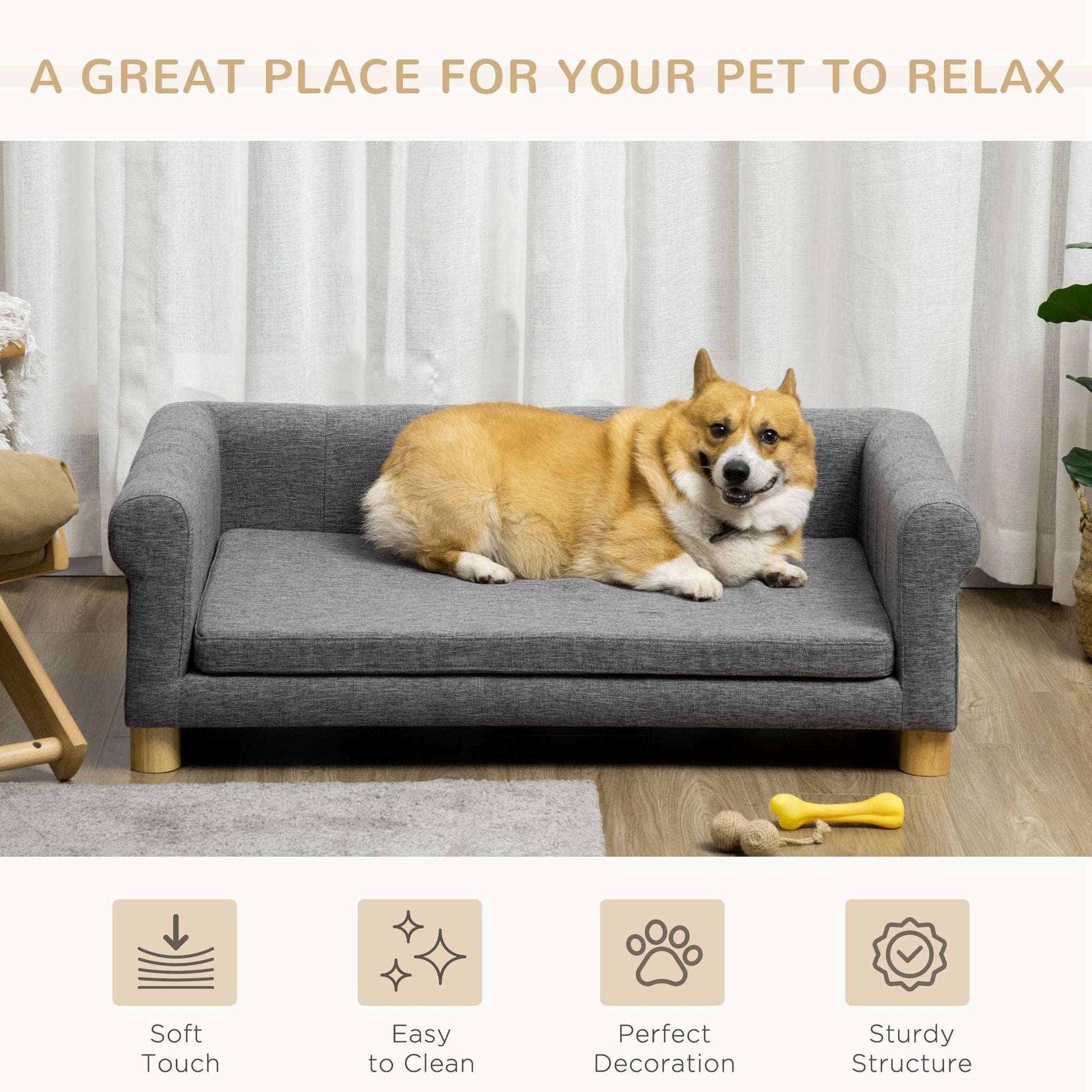 Modern Pet Sofa Cat or Medium Large Dog Bed W/ Removable Seat Cushion, Dark Grey
