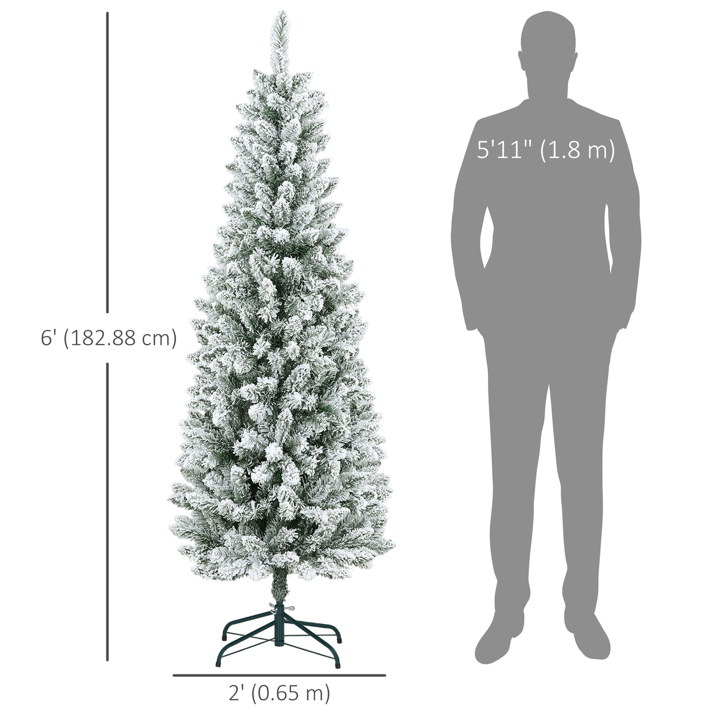 6ft Pencil Christmas Tree, Flocked Tree with 479 Branch Tips and Metal Base for Home, Indoor, Holiday