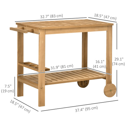 Outdoor Bar Cart, Wood Rolling Home Bar & Serving Cart with 2 Shelves, Wine Bottle Holders for Garden, Dining Room, Natu