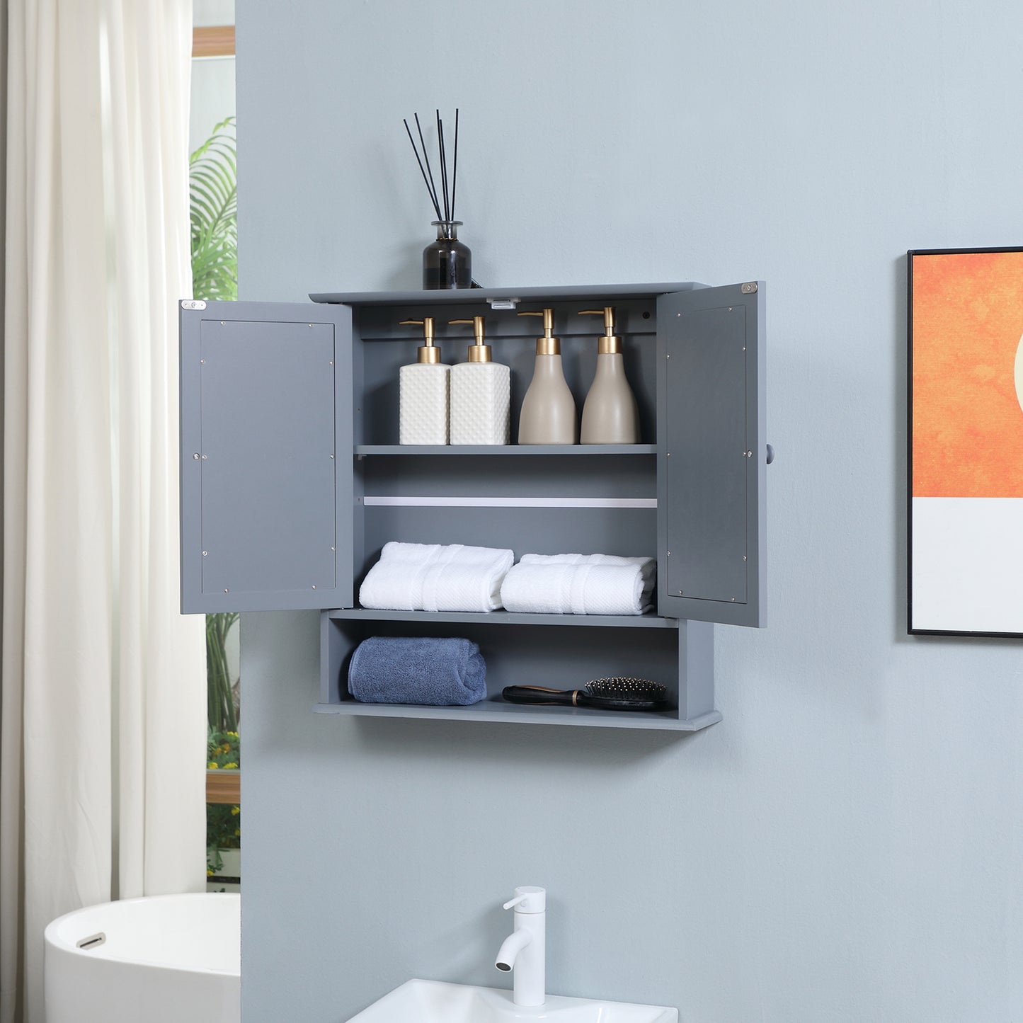 Medicine Cabinet, Wall-Mounted Bathroom Mirror Cabinet with Double Doors, Open Shelf, and Adjustable Shelf, Modern Bathr