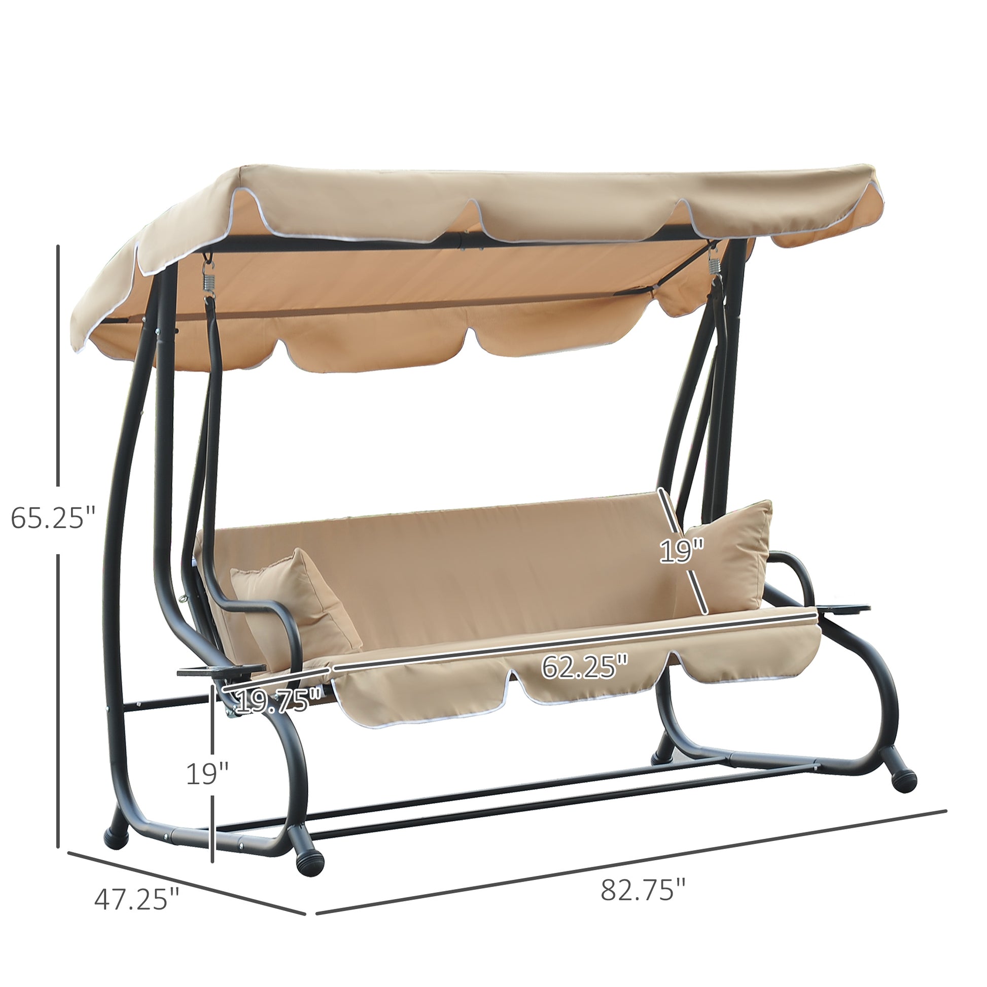 3-Seat Outdoor Patio Swing Chair, 2-in-1 Convertible Flat Bed, Canopy Swing with Adjustable Shade, Removable Cushions, C