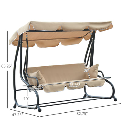 3-Seat Outdoor Patio Swing Chair, 2-in-1 Convertible Flat Bed, Canopy Swing with Adjustable Shade, Removable Cushions, C