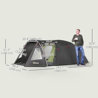 2-4 Man Camping Tent, 3000mm Waterproof Tunnel Tent with 2 Rooms, Sewn-in Groundsheet, 3 Doors and Hook