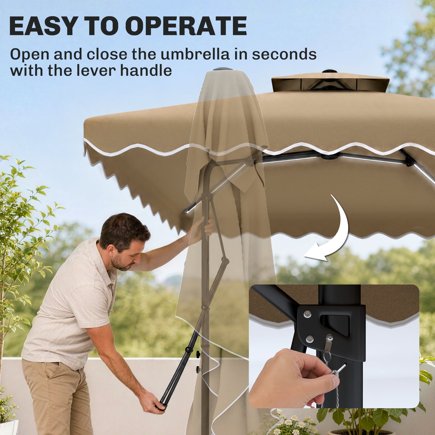 8' x 8' Square Double Top Offset Patio Umbrella Garden Parasol with Solar LED Lights, Ruffles and Weights, Khaki