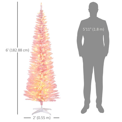 6' Pre Lit Artificial Pencil Christmas Trees, Xmas Tree with Realistic Branches and Warm White LED Lights, Pink