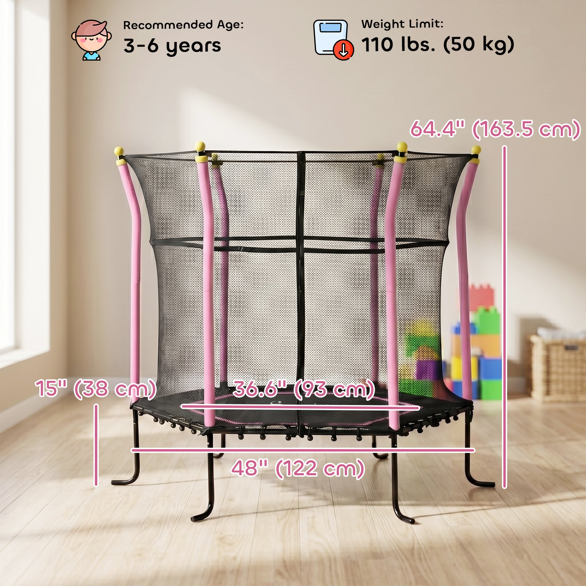 Soozier 63" Kids Trampoline Mini Indoor Bouncer Jumper with Enclosure Net Elastic Thick Padded Pole Gift for 3-6 Years, 