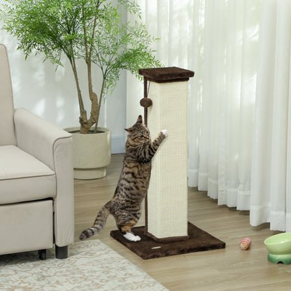 32" Tall Cat Scratching Post for Indoor Cats and Kittens, Sisal Cat Scratcher with Hanging Ball Soft Plush, Brown